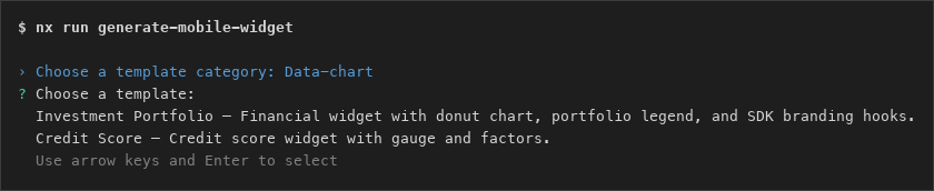 Interactive CLI prompts for choosing a mobile widget category and template