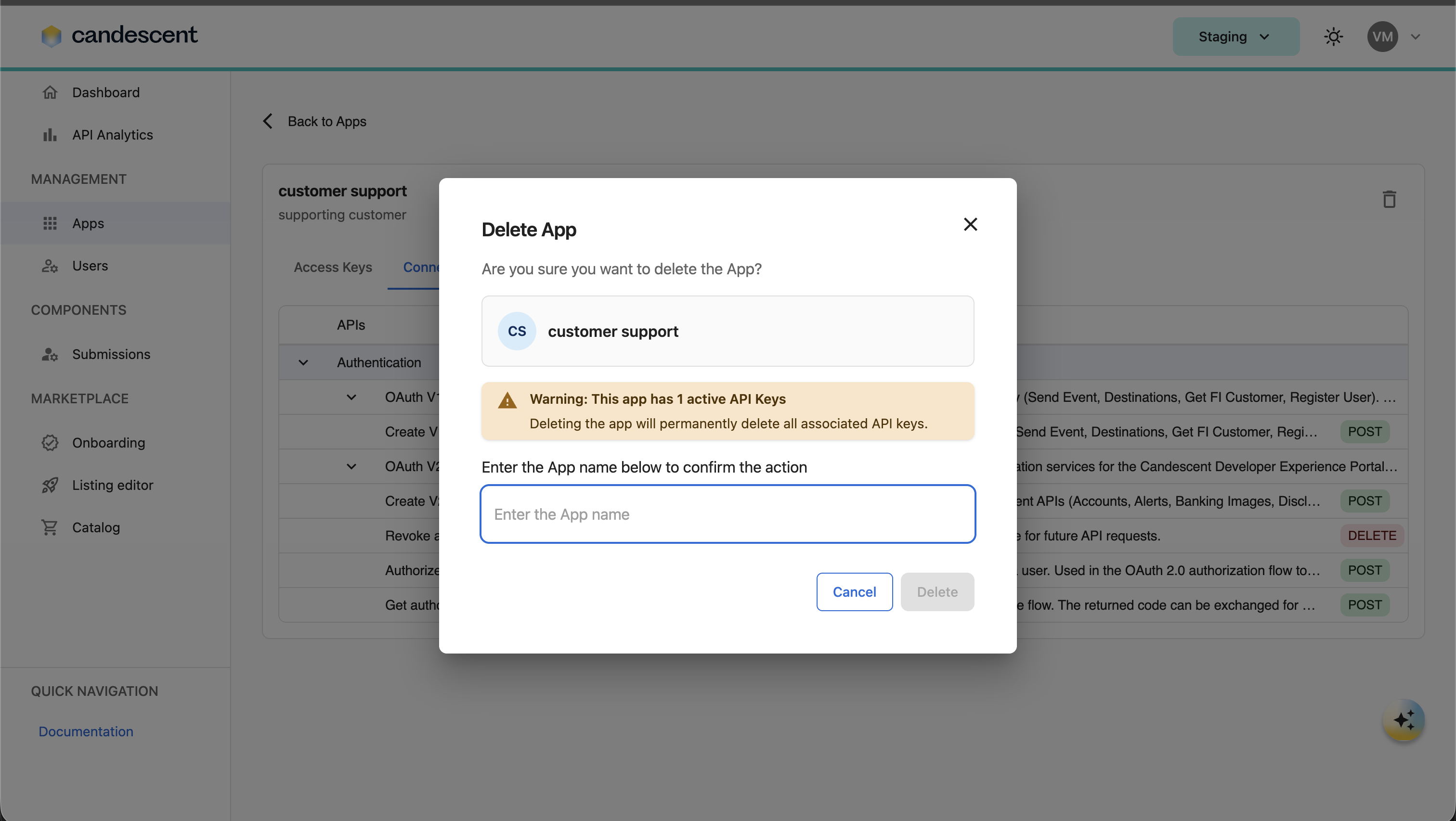 Delete app dialog