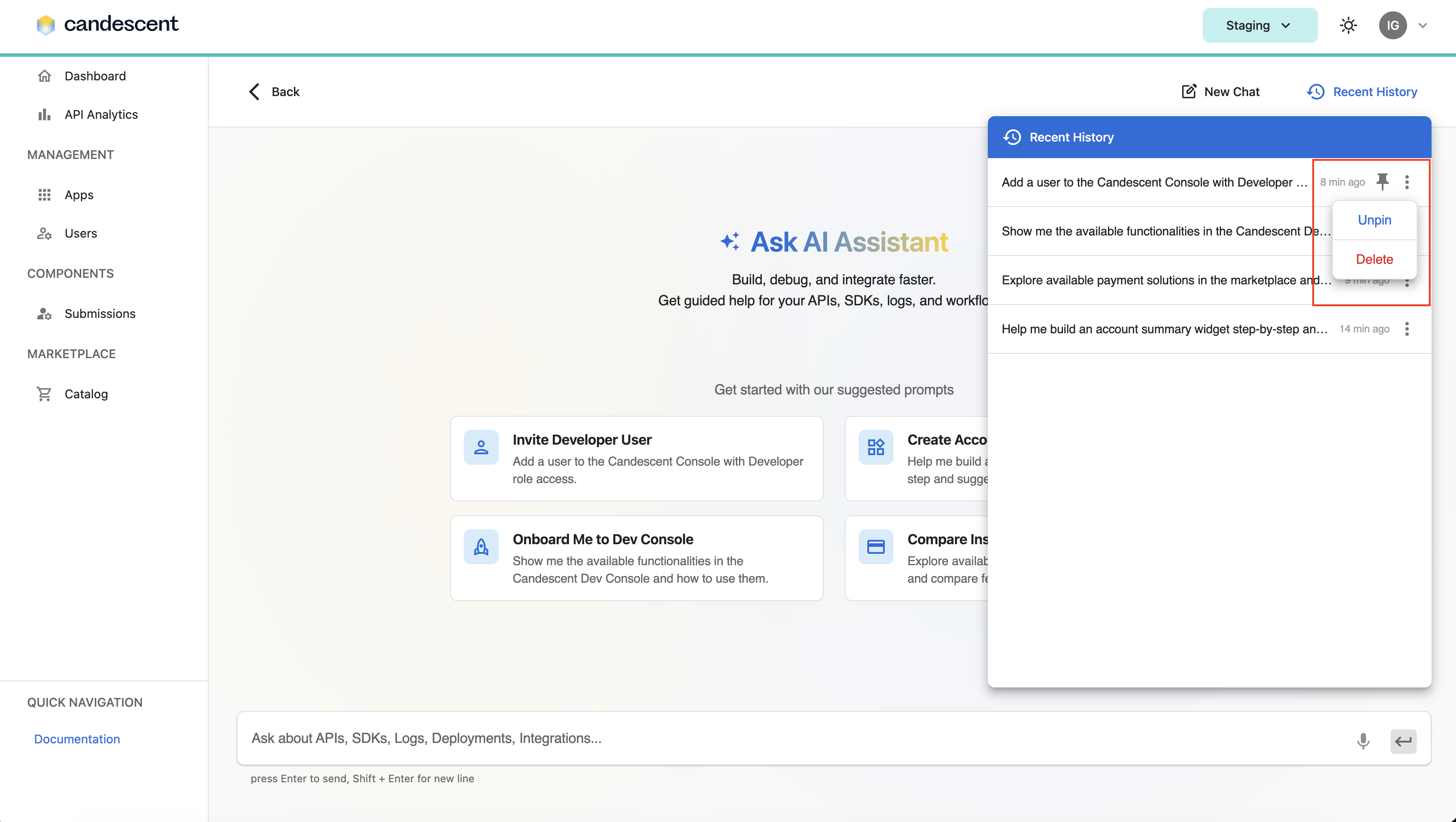 Conversation actions menu with unpin and delete
